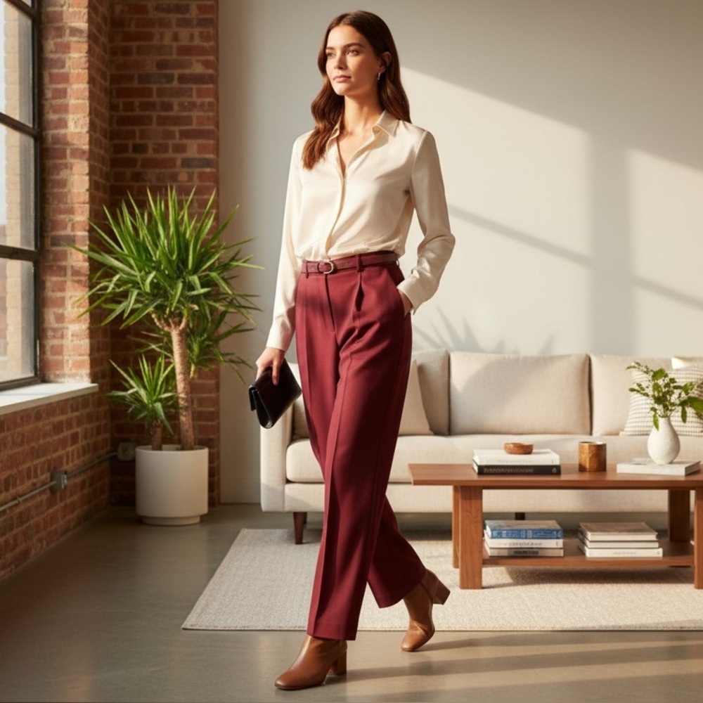 Theory Burgundy Red Ruby Melange Belted Flannel Pants Size 6 NWT ❤️